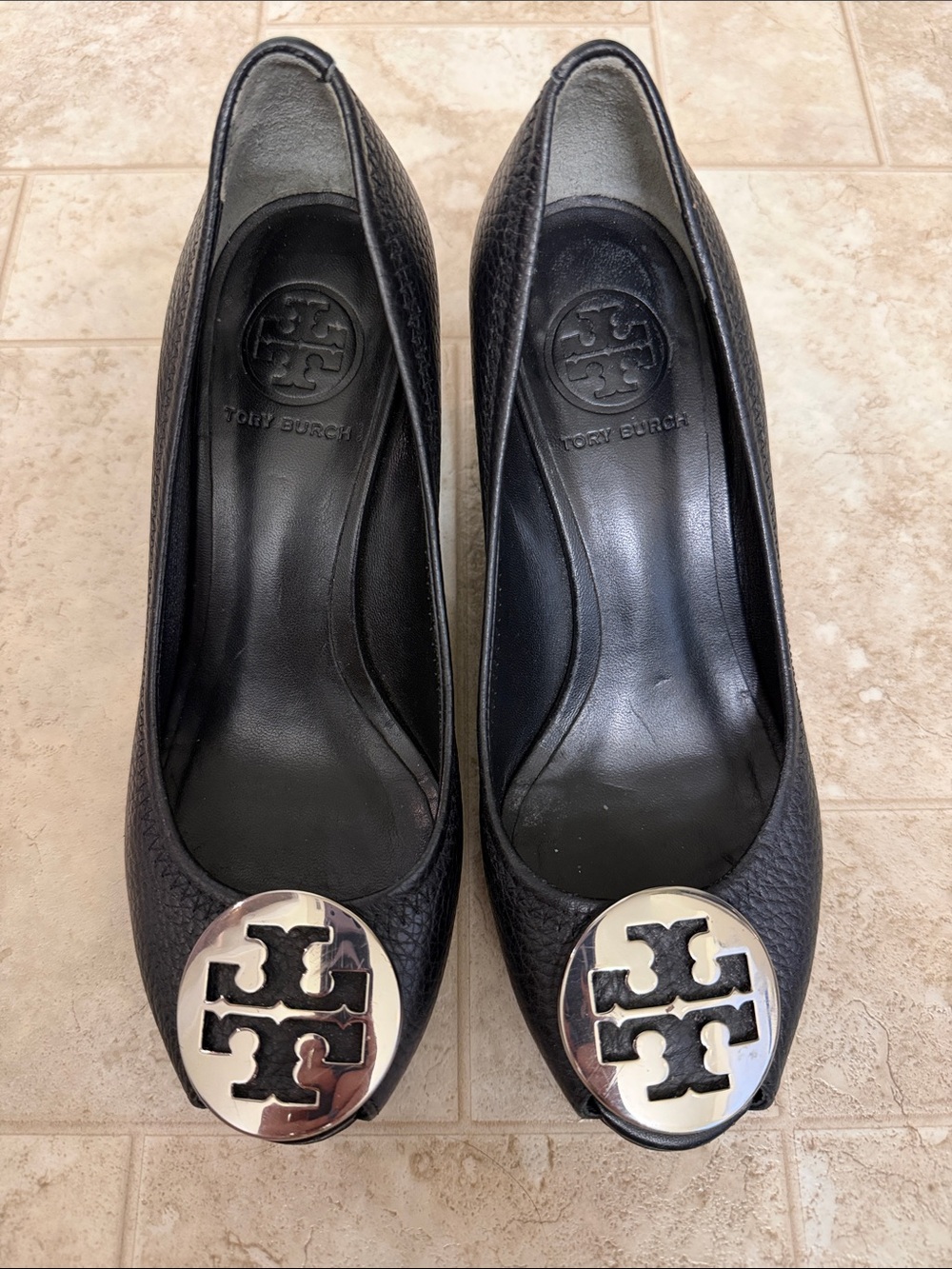 Tory Burch Black Leather Wedges with Silver Logo Medallions